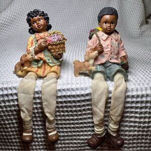 Vintage Collectible African American Boy Girl Shelf Sitters w Puppies